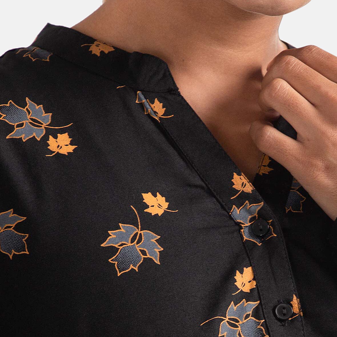 Tamsy Maple Leaf Pattern Long Sleeve Blouse - Black