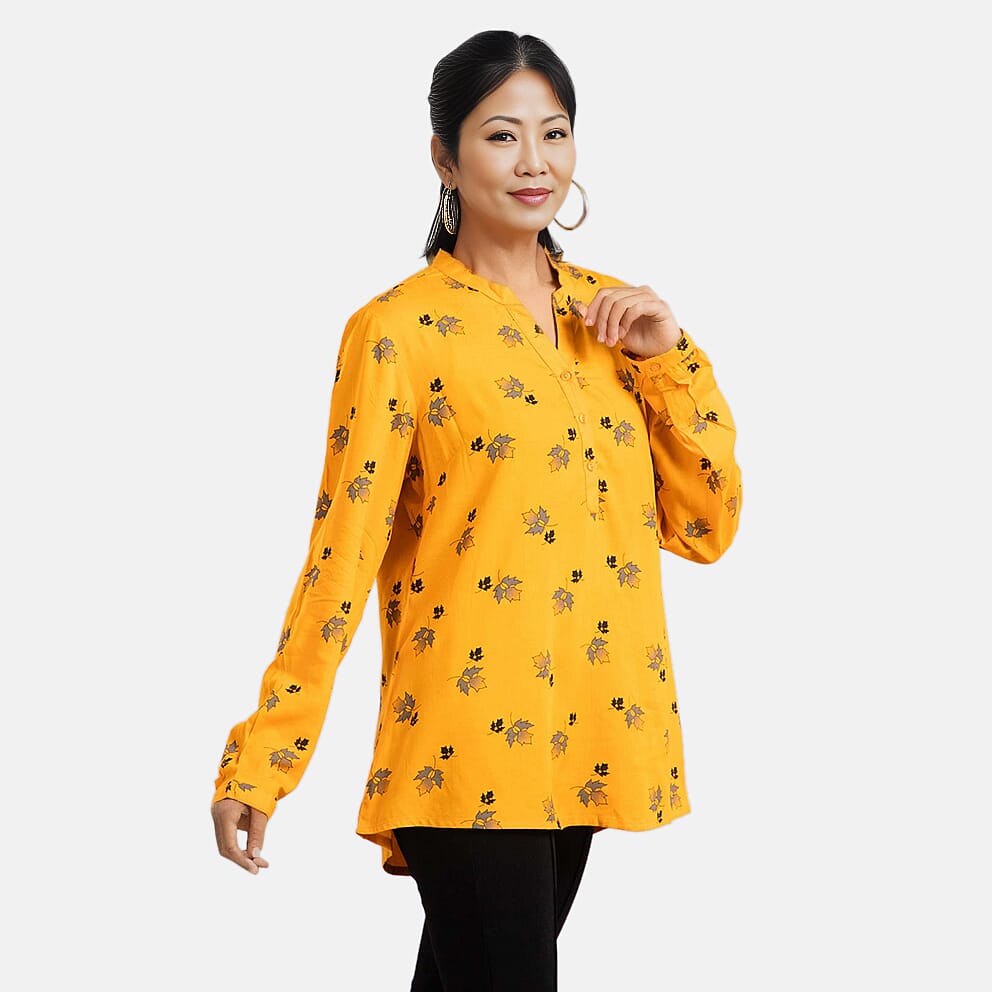 Tamsy Maple Leaf Pattern Long Sleeve Blouse - Black Tamsy Maple Leaf Pattern Long Sleeve Blouse - Black