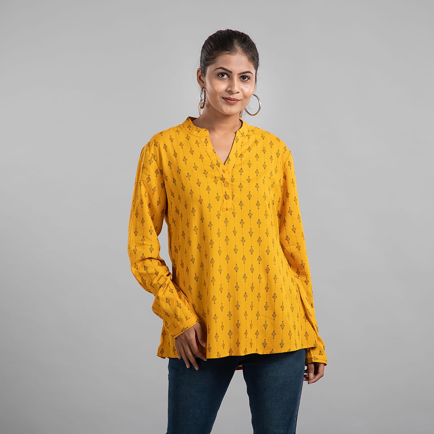 Tamsy Diamond Pattern Long Sleeve Blouse - Mustard