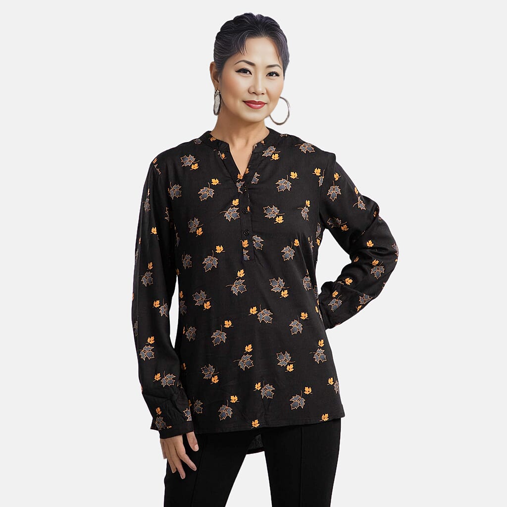 100% Viscose Maple Leaf Pattern Full Sleeves Popover Top (Size-12) - Black