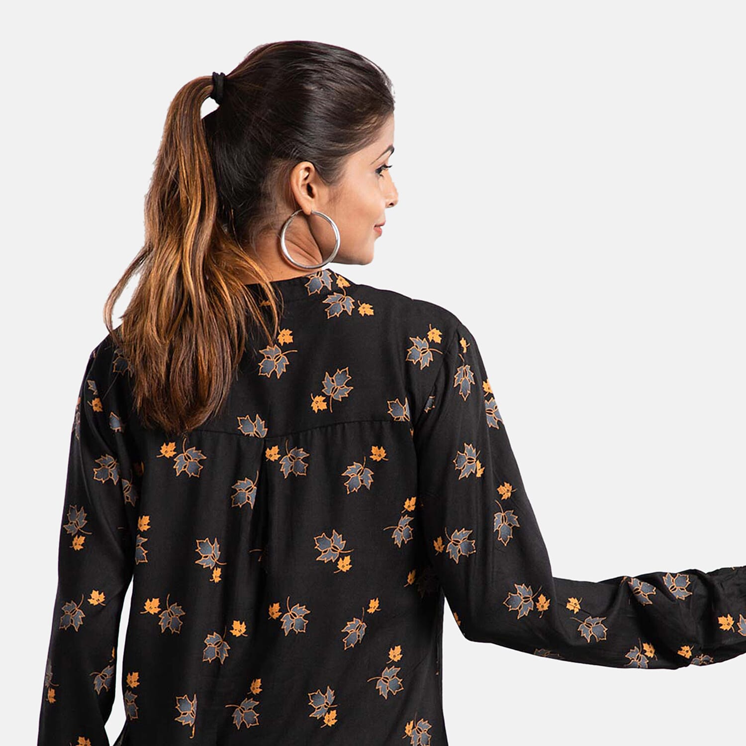 100% Viscose Maple Leaf Pattern Full Sleeves Popover Top (Size-12) - Black