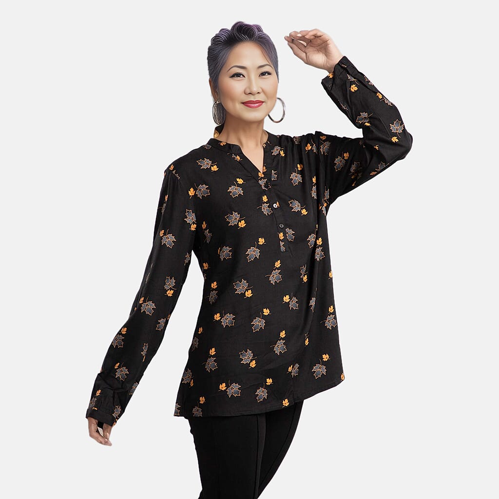 100% Viscose Maple Leaf Pattern Full Sleeves Popover Top (Size-12) - Black