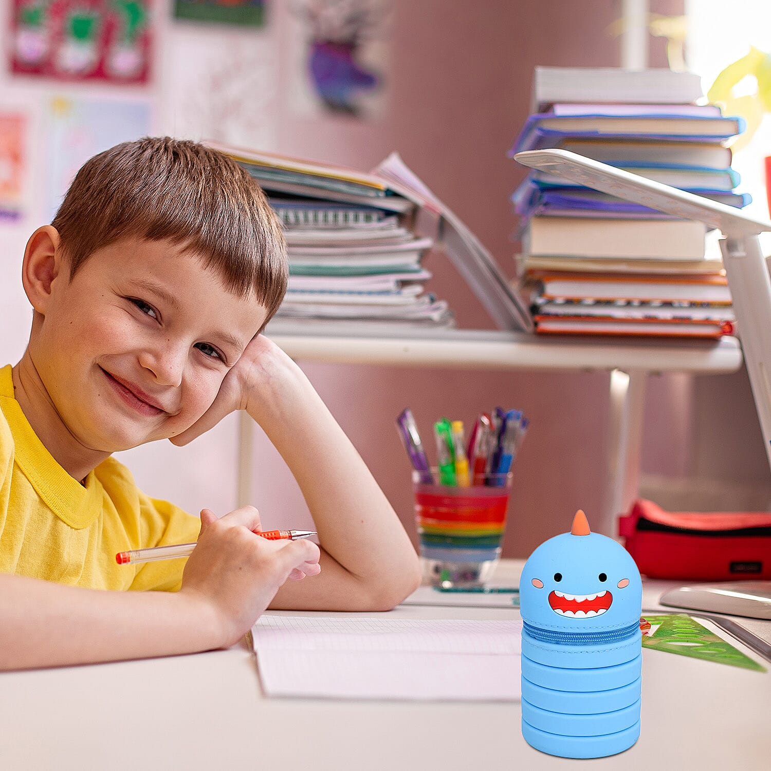 Back to School Deal -Set of 5 Pens with Extendable Kids Funny Characters Stationary Box - Blue