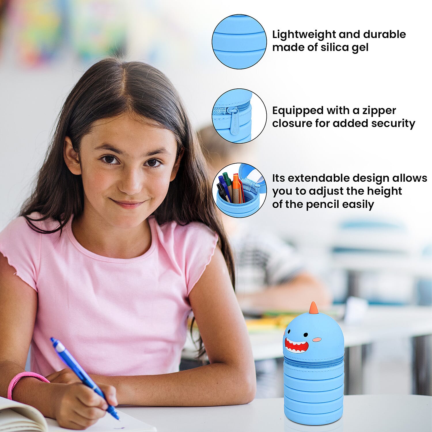 Back to School Deal -Set of 5 Pens with Extendable Kids Funny Characters Stationary Box - Blue