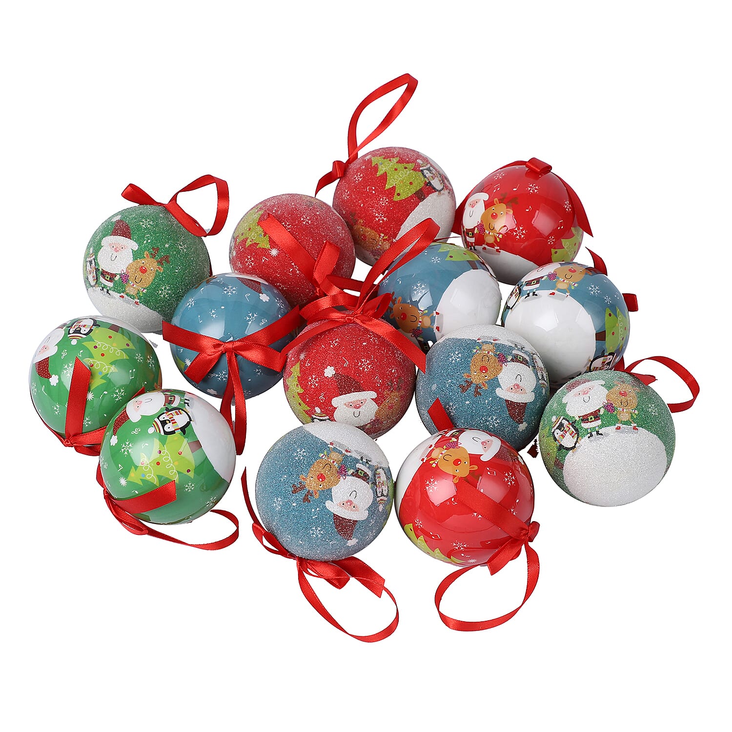 Set of 14 - Christmas Baubles Multi Colour Santa, Elk & Pengiun Balls with Ribbons in Gift Box