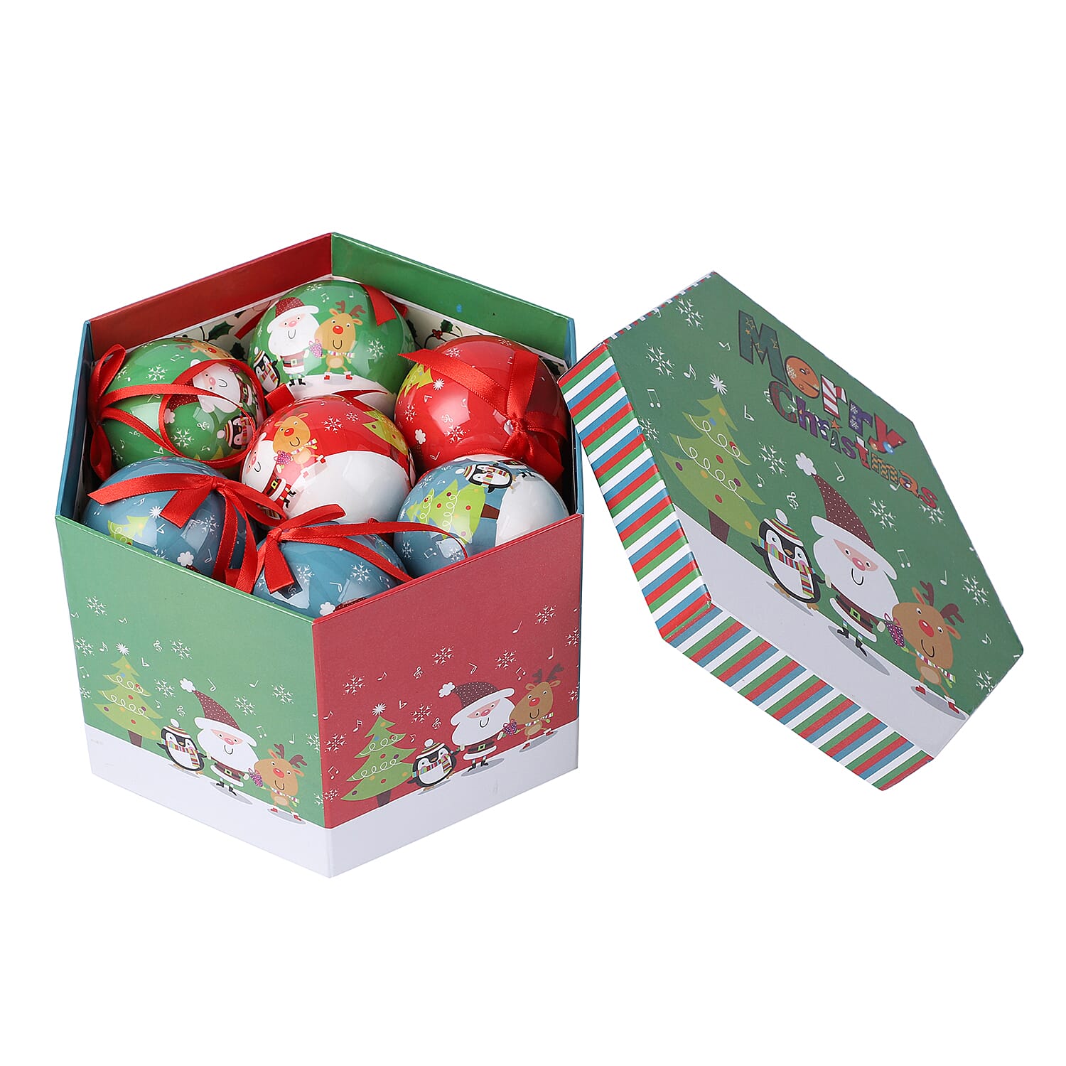 Set of 14 - Christmas Baubles Multi Colour Santa, Elk & Pengiun Balls with Ribbons in Gift Box