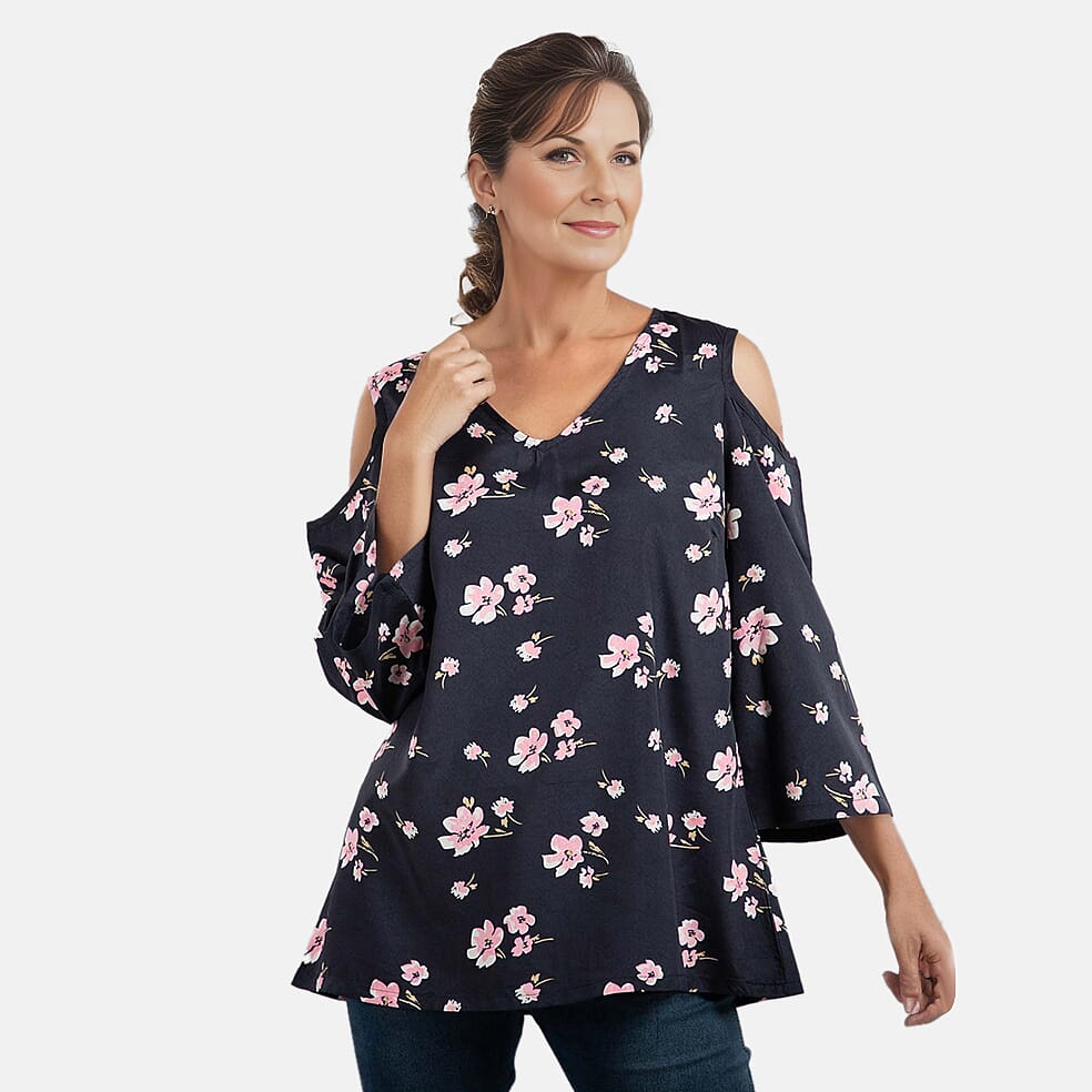 Floral Pattern Off Shoulder Top - Black