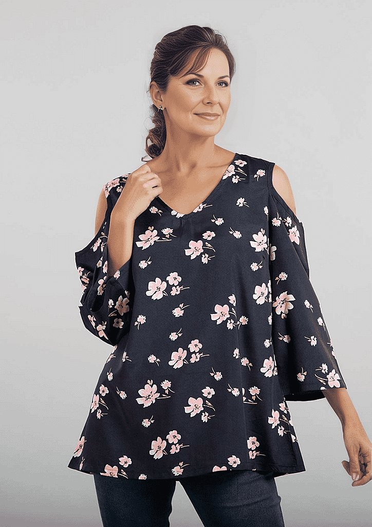 Floral Pattern Off Shoulder Top - Black