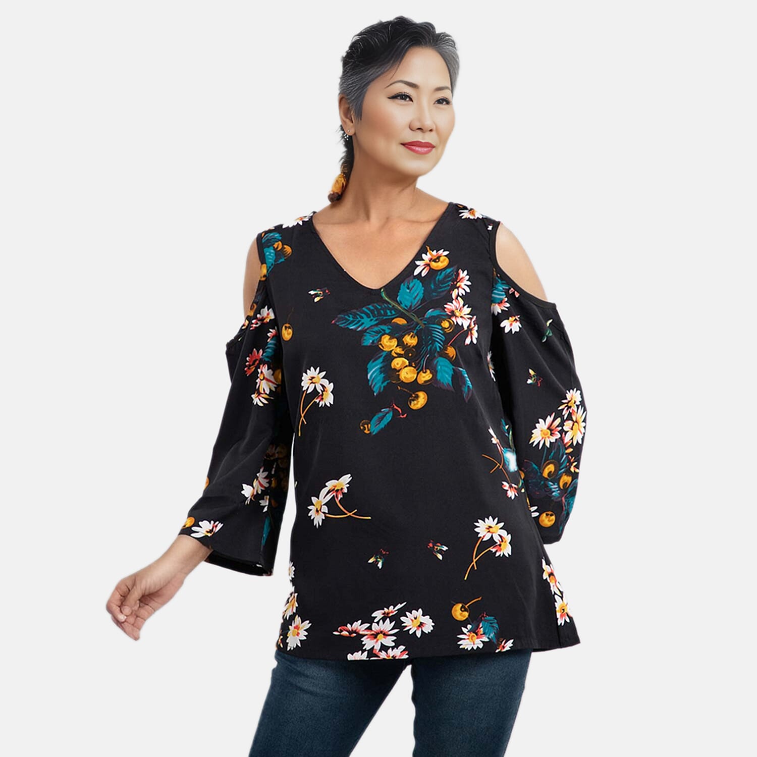 Floral Pattern Off Shoulder Top (Size 12) - Blue and Aqua