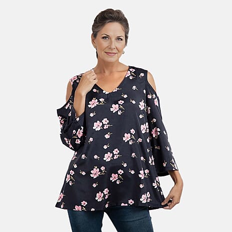 Floral Pattern Off Shoulder Top (Size 14) - Navy - Pink