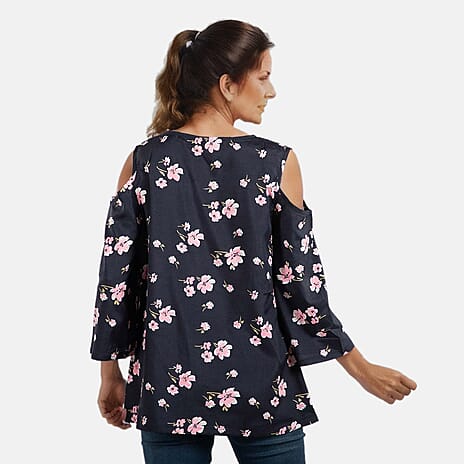 Floral Pattern Off Shoulder Top (Size 14) - Navy - Pink