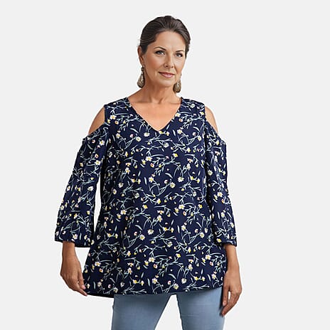 Floral Pattern Off Shoulder Top (Size 16) - Navy