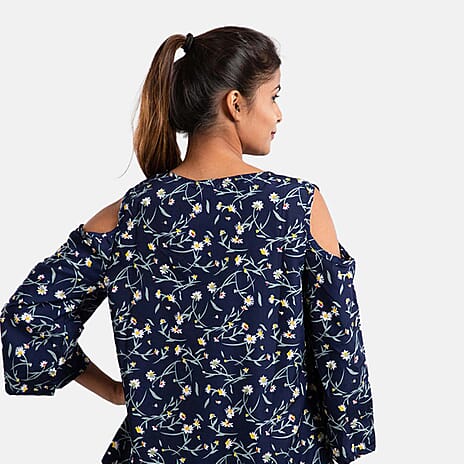 Floral Pattern Off Shoulder Top (Size 16) - Navy