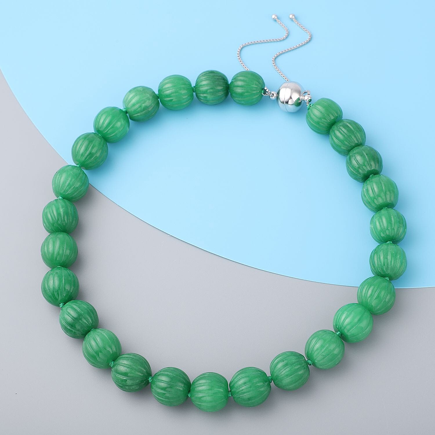 Green Jade Pumpkin Shape Necklace with Adjustable Magnetic Lock in Sterling Silver 921 Ct.