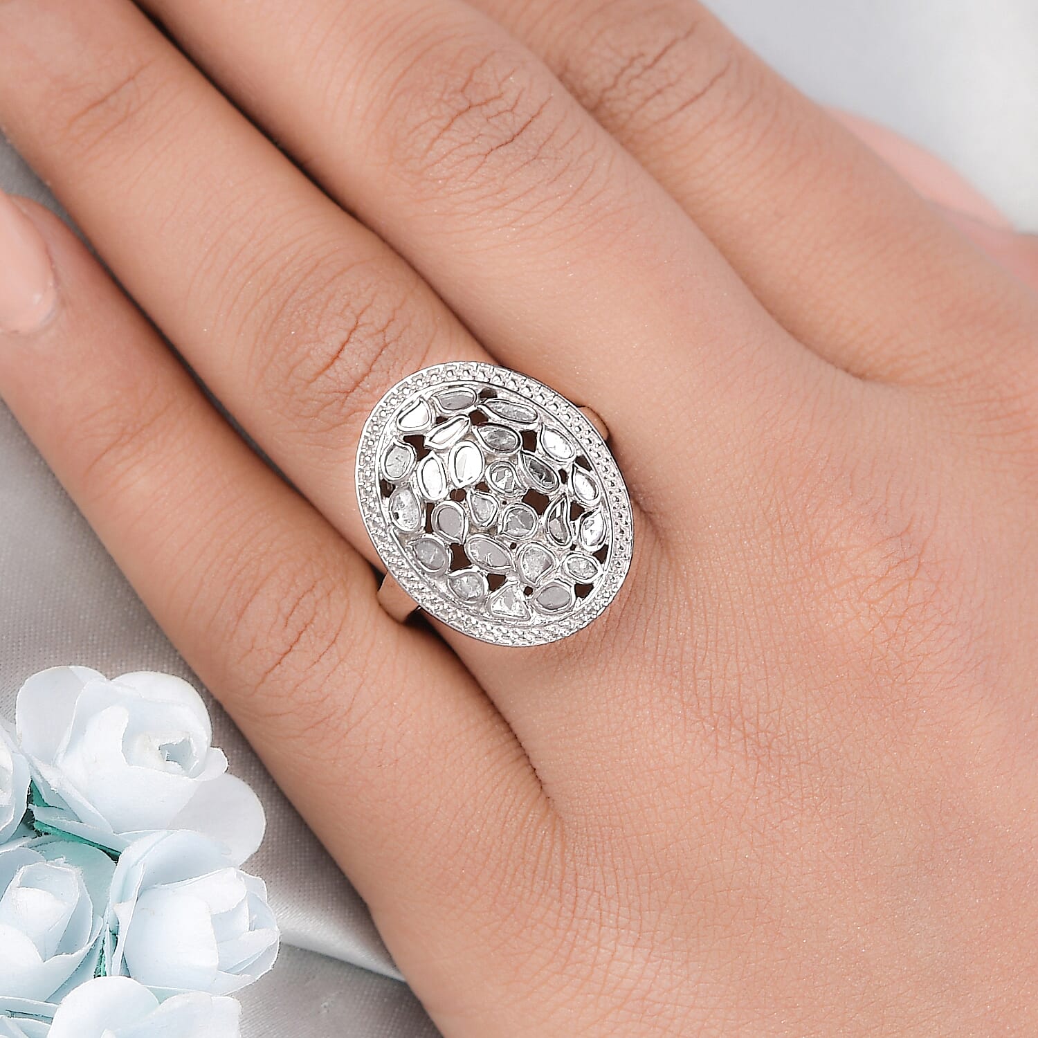 Artisan Crafted Polki Diamond Ring in Platinum Overlay Sterling Silver 1.05 Ct, Silver wt 5.98 Gms