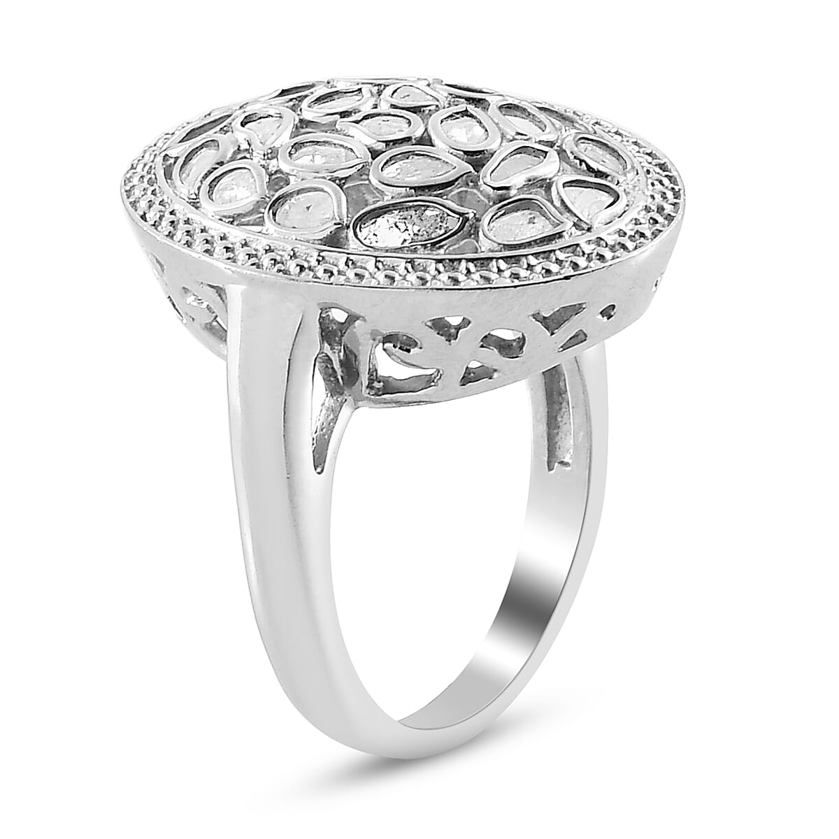 Artisan Crafted Polki Diamond Ring in Platinum Overlay Sterling Silver 1.05 Ct, Silver wt 5.98 Gms