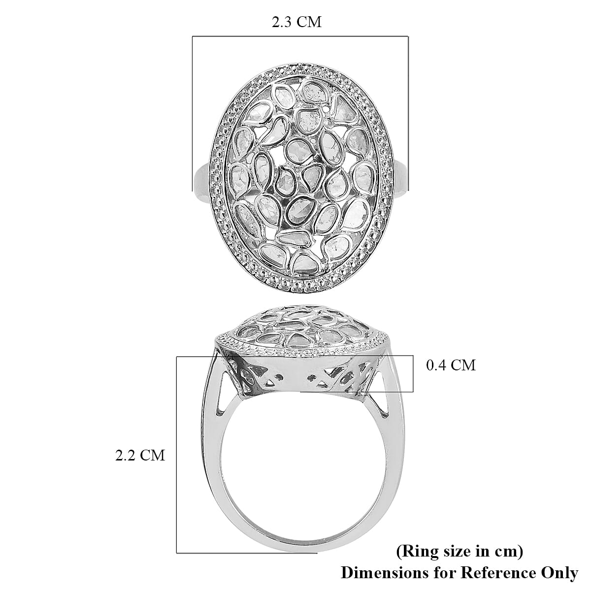 Artisan Crafted Polki Diamond Ring in Platinum Overlay Sterling Silver 1.05 Ct, Silver wt 5.98 Gms