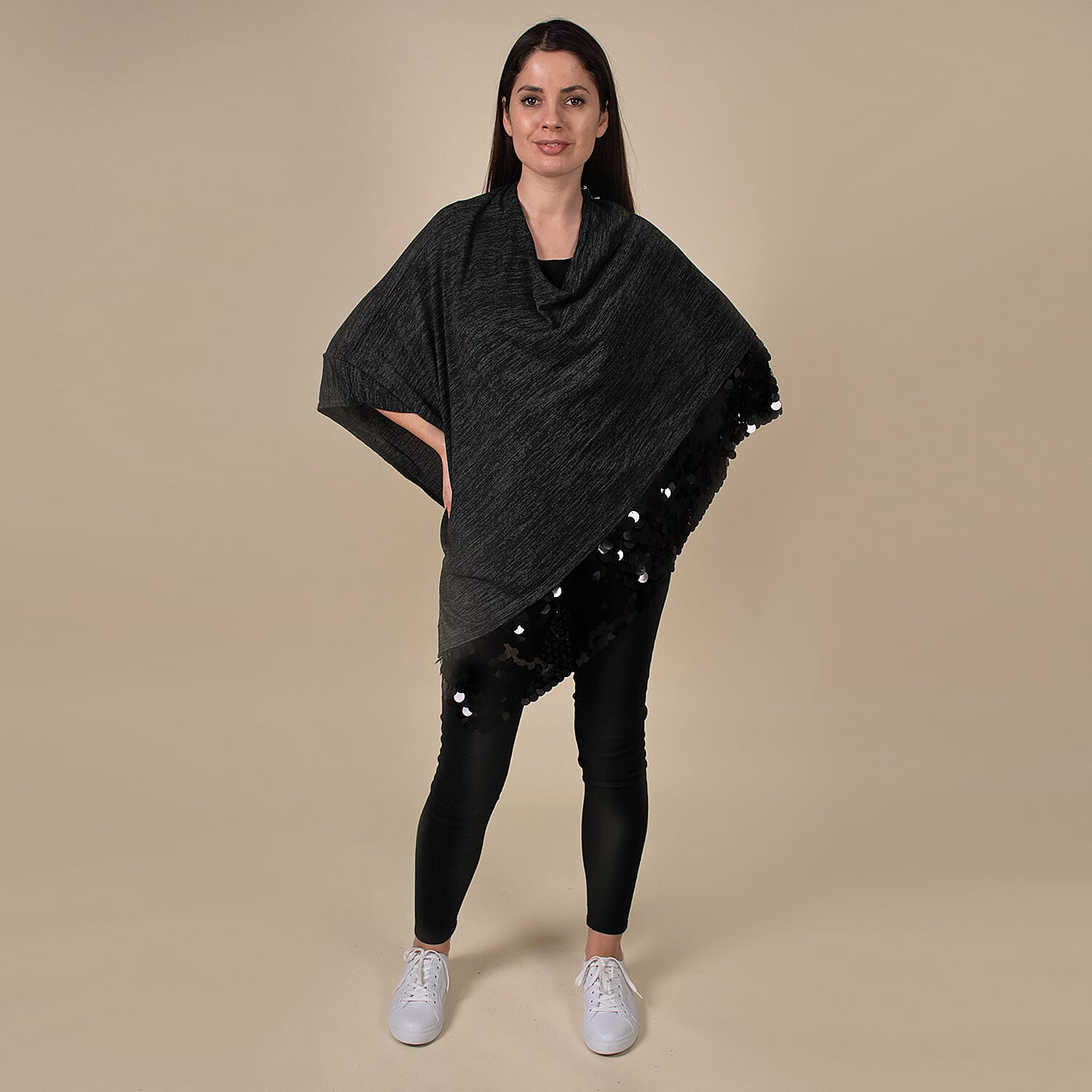  TAMSY Poncho with Sequin Border - Black
