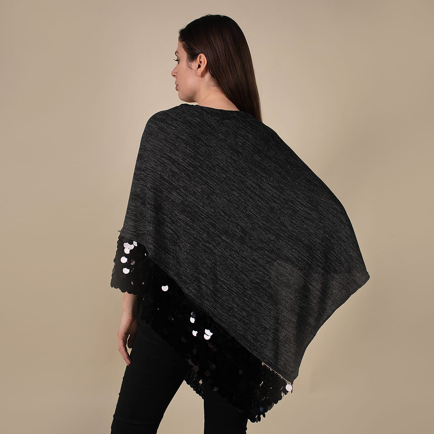  TAMSY Poncho with Sequin Border - Black