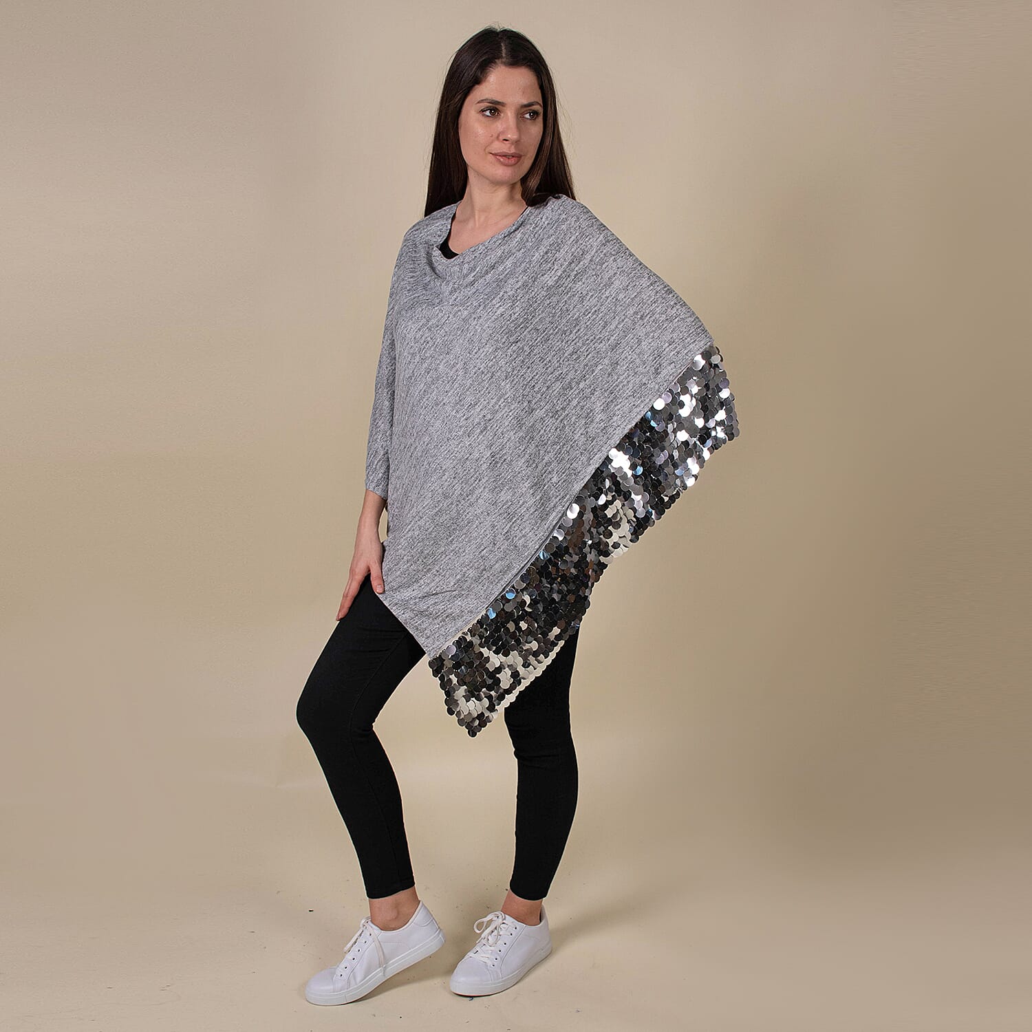 TAMSY Poncho with Sequin Border (Size 75 Cm) - Grey & White