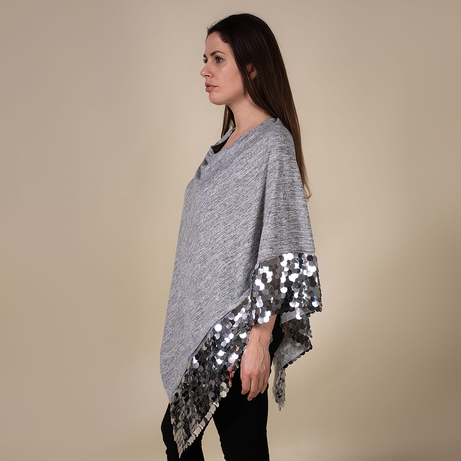 TAMSY Poncho with Sequin Border (Size 75 Cm) - Grey & White