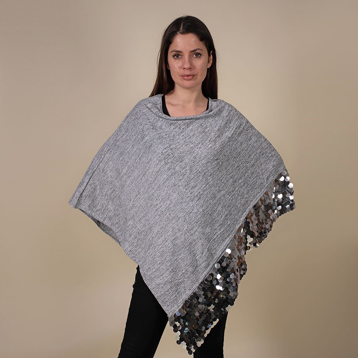 TAMSY Poncho with Sequin Border (Size 75 Cm) - Grey & White