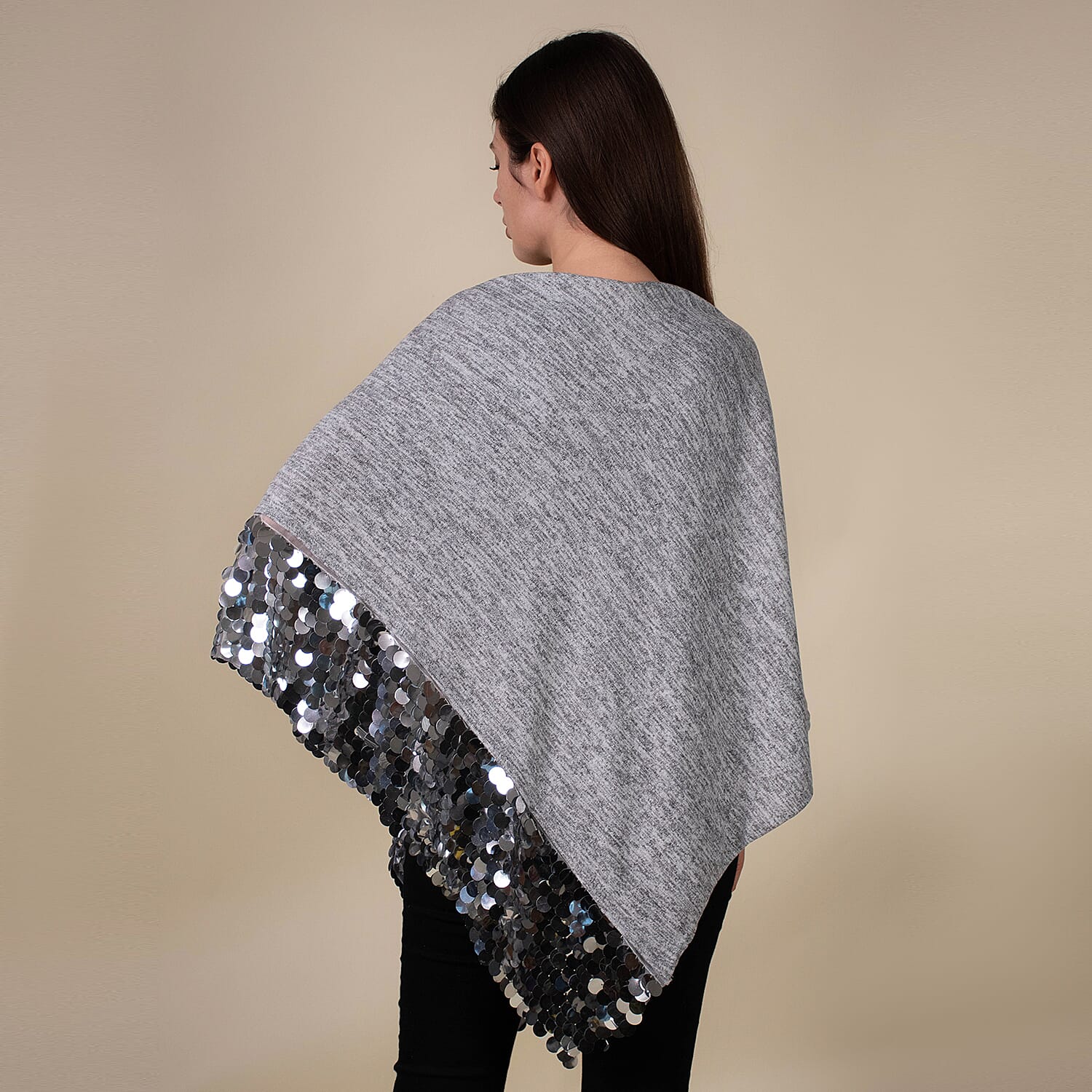 TAMSY Poncho with Sequin Border (Size 75 Cm) - Grey & White