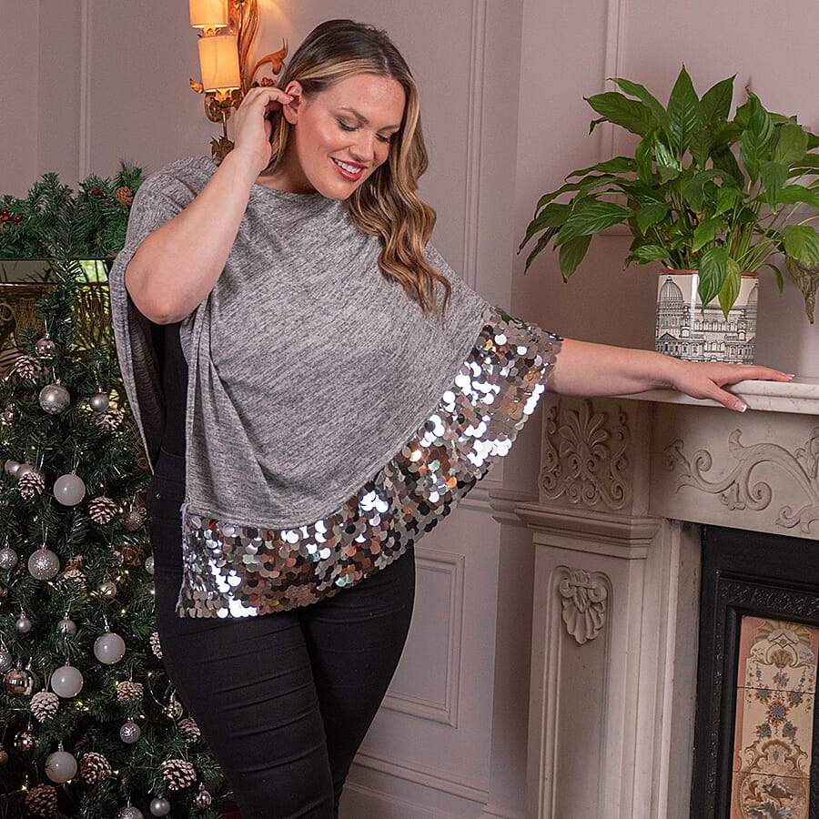 TAMSY Poncho with Sequin Border (Size 75 Cm) - Grey - White