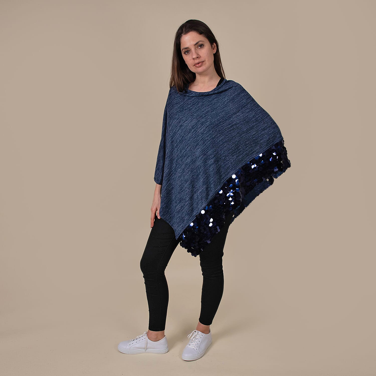 TAMSY Poncho with Sequin Border (Size 75 Cm) - Navy & Blue