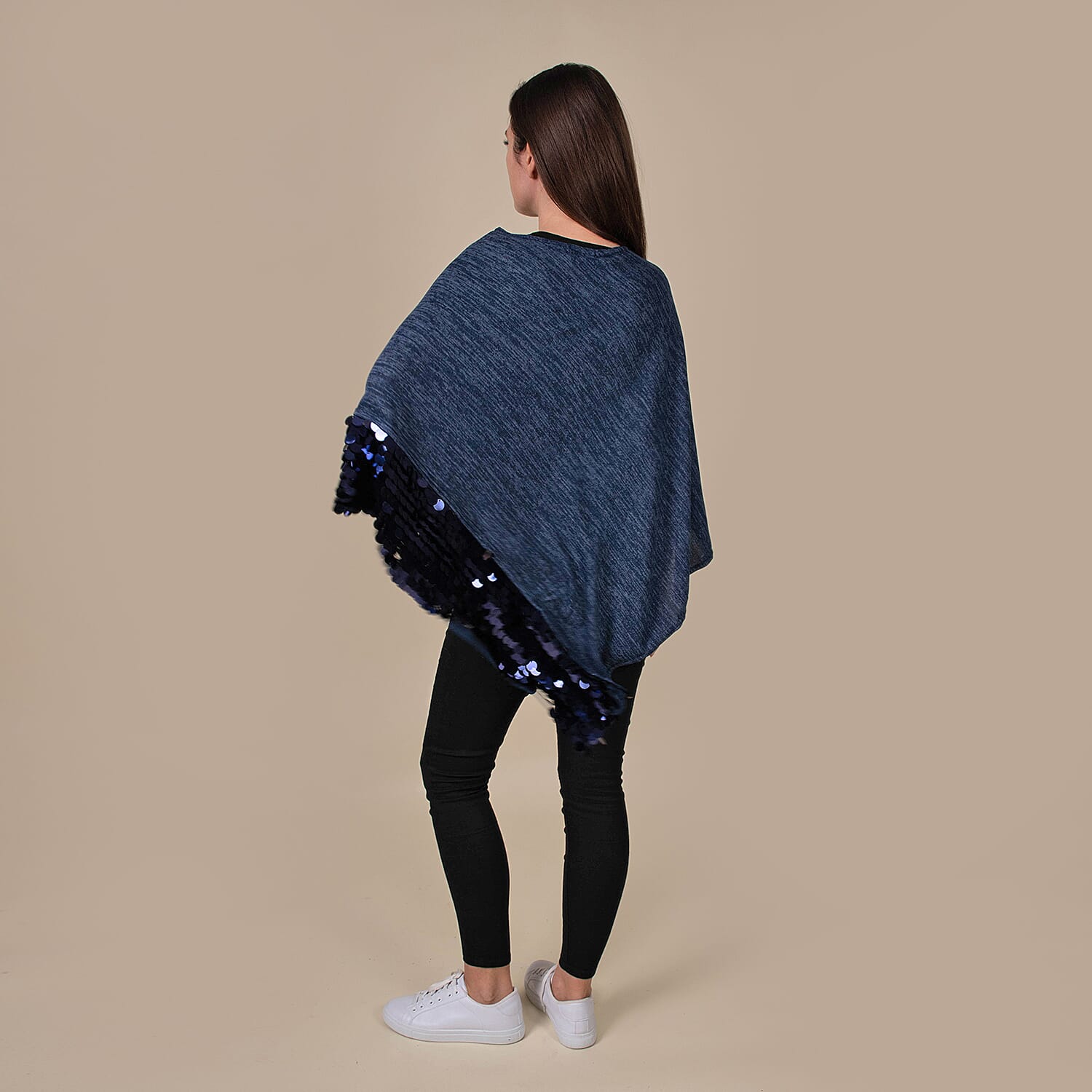 TAMSY Poncho with Sequin Border (Size 75 Cm) - Navy & Blue