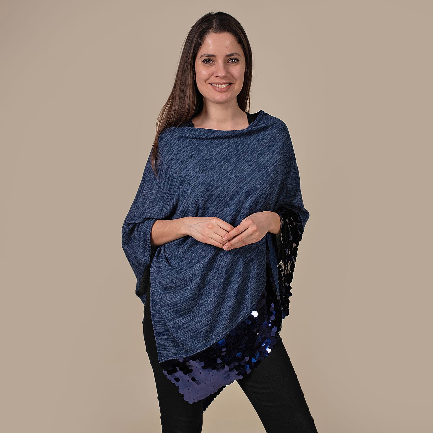 TAMSY Poncho with Sequin Border (Size 75 Cm) - Navy & Blue