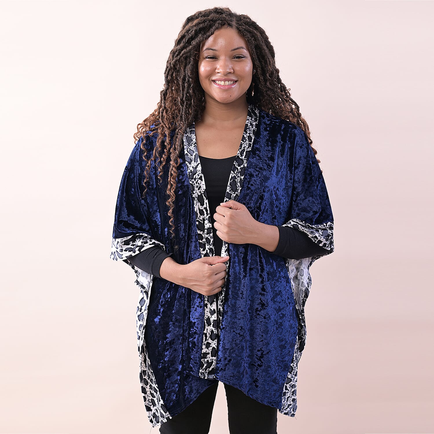 TAMSY Velvet Kimono with Leopard Print Border (Size 90x50 Cm) - Navy & Grey