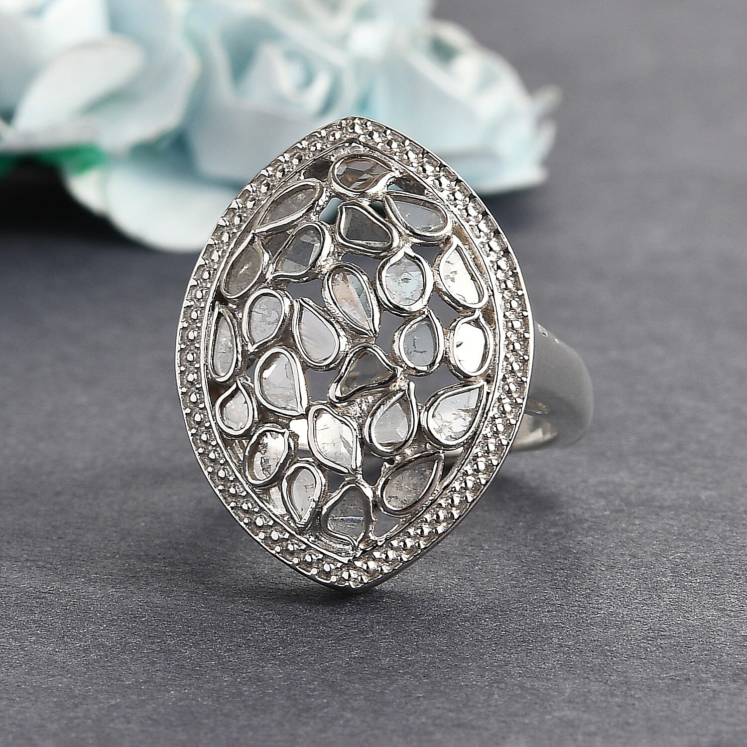 Artisan Crafted Polki Diamond Ring in Platinum Overlay Sterling Silver 1.05 Ct, Silver Wt 6.10 Gms