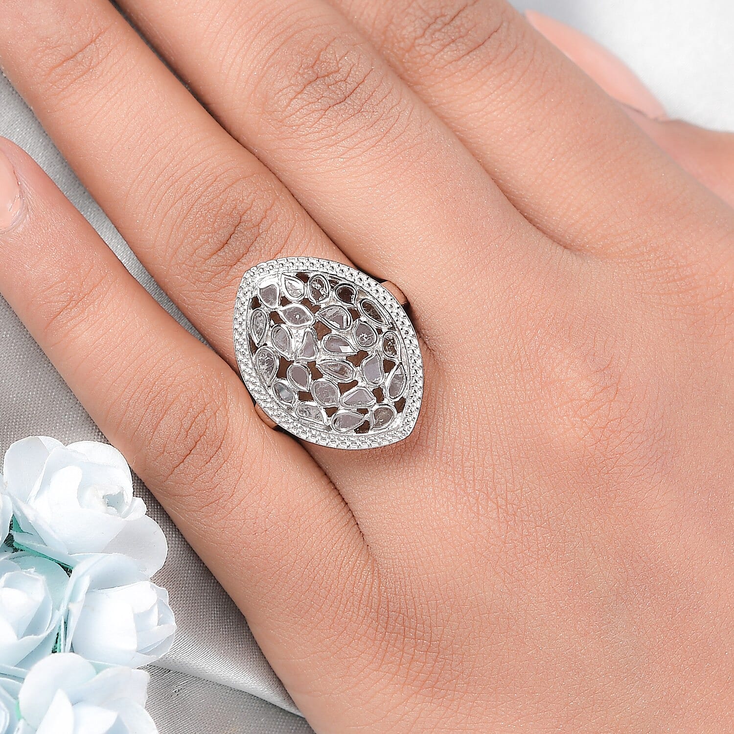 Artisan Crafted Polki Diamond Ring in Platinum Overlay Sterling Silver 1.05 Ct, Silver Wt 6.10 Gms