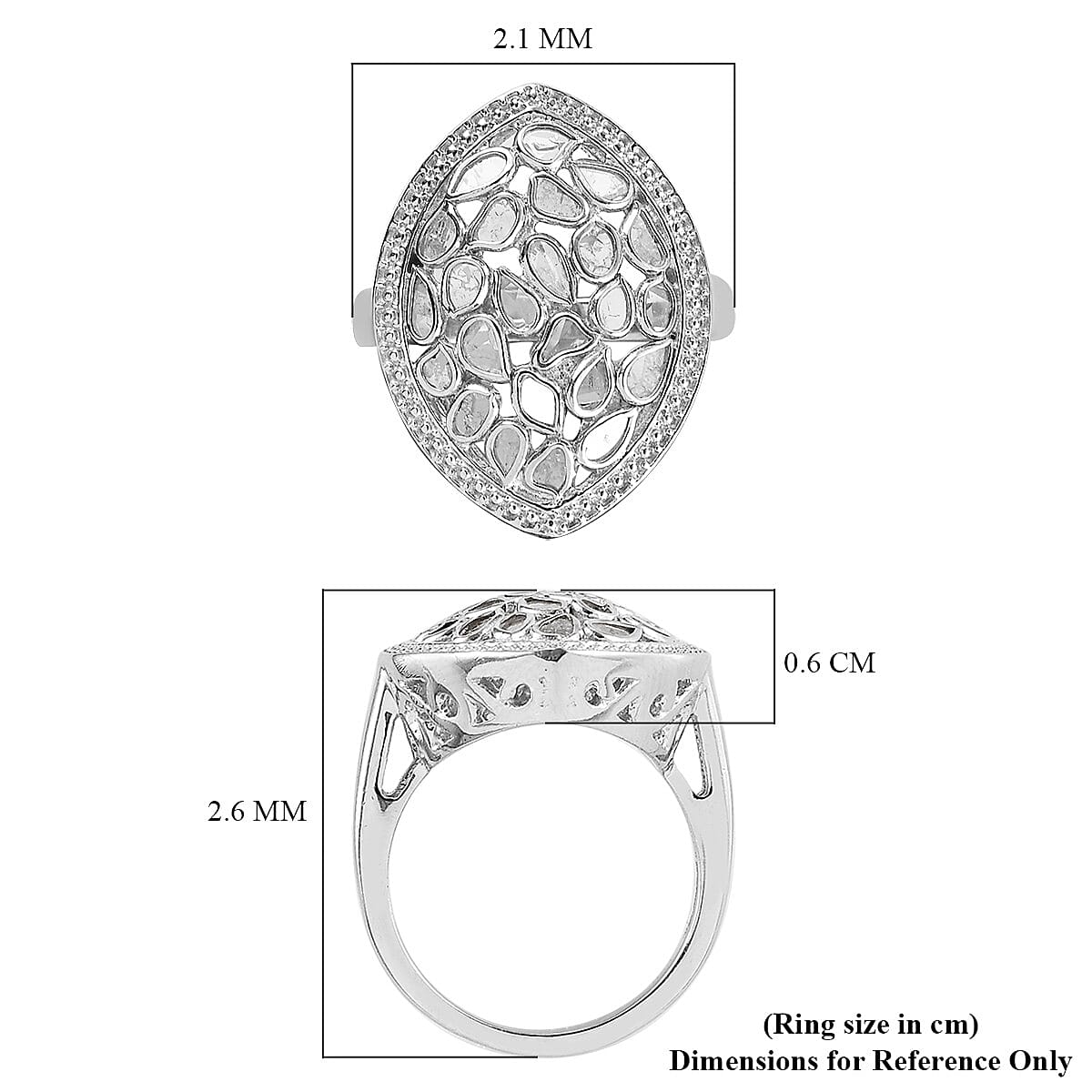 Artisan Crafted Polki Diamond Ring in Platinum Overlay Sterling Silver 1.05 Ct, Silver Wt 6.10 Gms