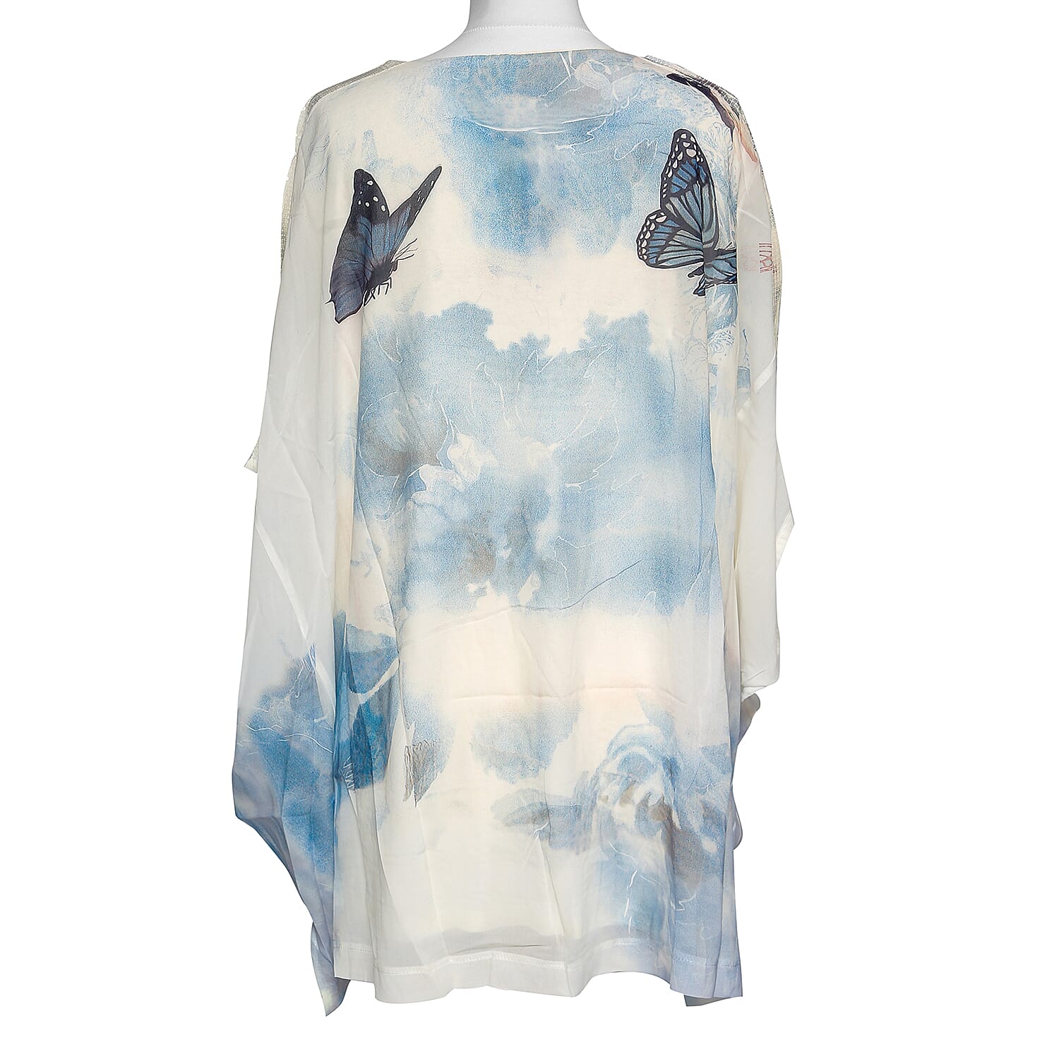 Viscose and Cotton Floral and Butterfly Watercolour Print Floaty Chiffon Top - Blue