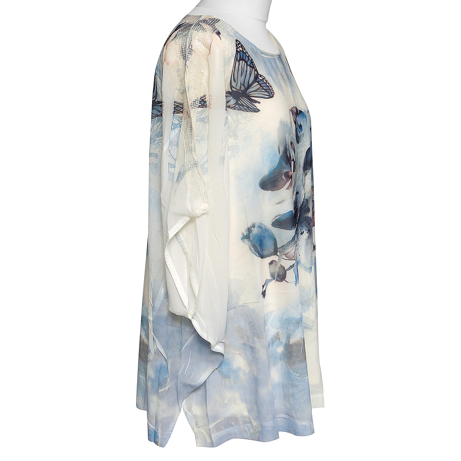 Viscose and Cotton Floral and Butterfly Watercolour Print Floaty Chiffon Top - Blue