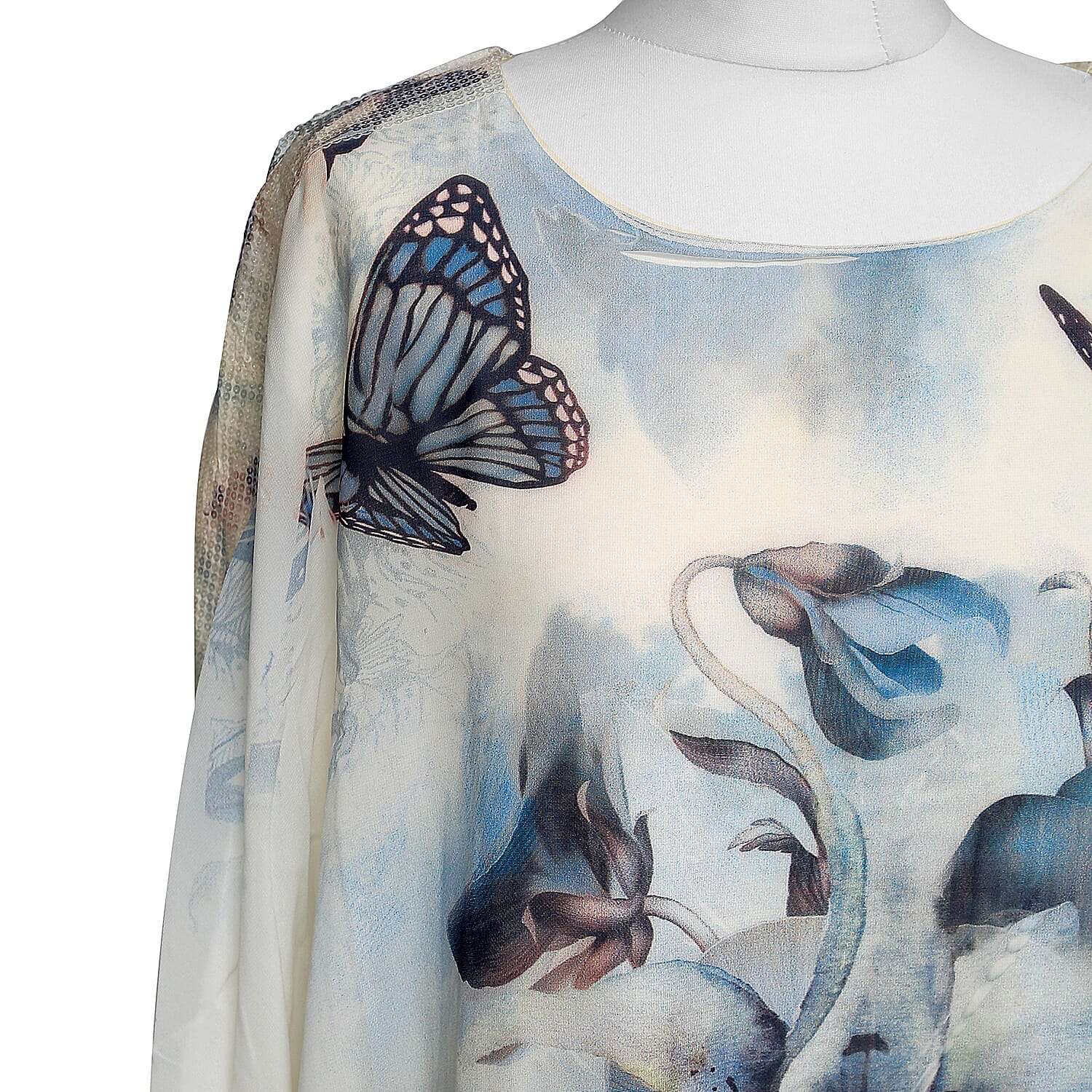 Viscose and Cotton Floral and Butterfly Watercolour Print Floaty Chiffon Top - Blue
