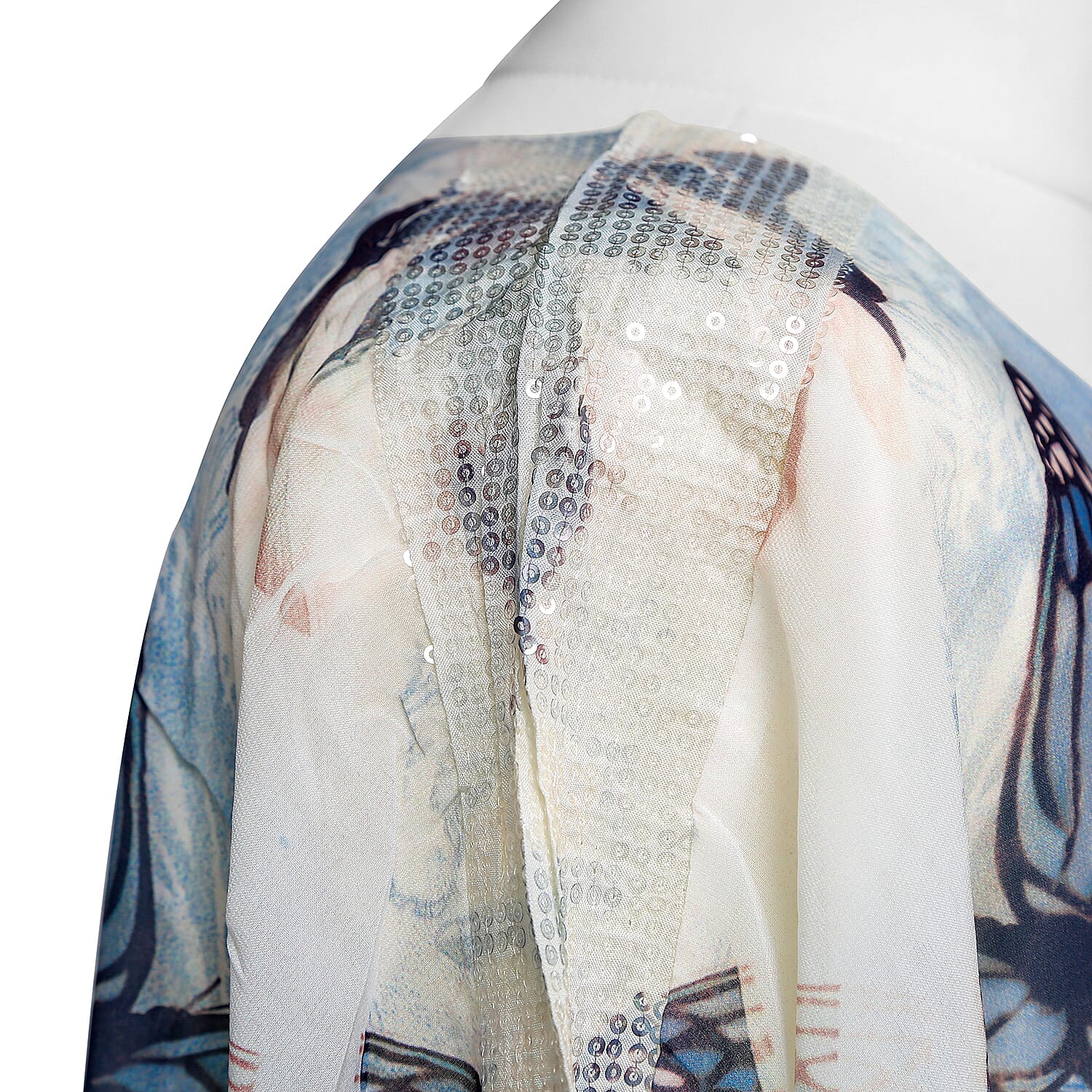 Viscose and Cotton Floral and Butterfly Watercolour Print Floaty Chiffon Top - Blue