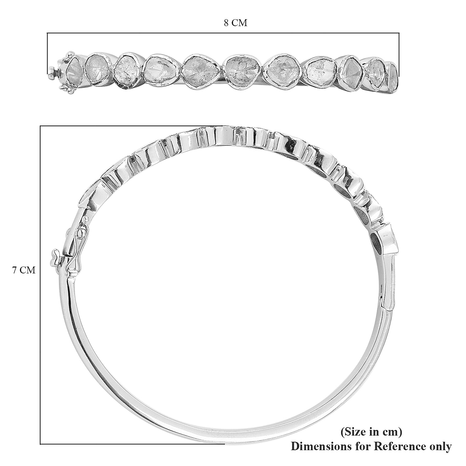 Artisan Crafted Polki Diamond Bangle (Size 8) in Sterling Silver 3.00 Ct, Silver wt 20 Gms