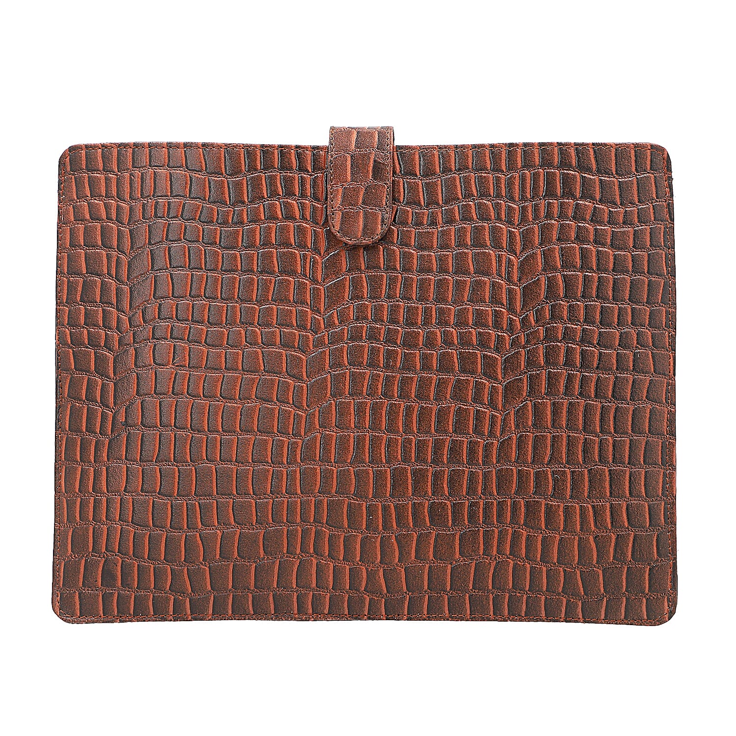 100% Genuine Leather Croc Embossed Pattern Tablet Sleeve with Magnetic Push Button (Size 31x24 Cm) - Dark Brown
