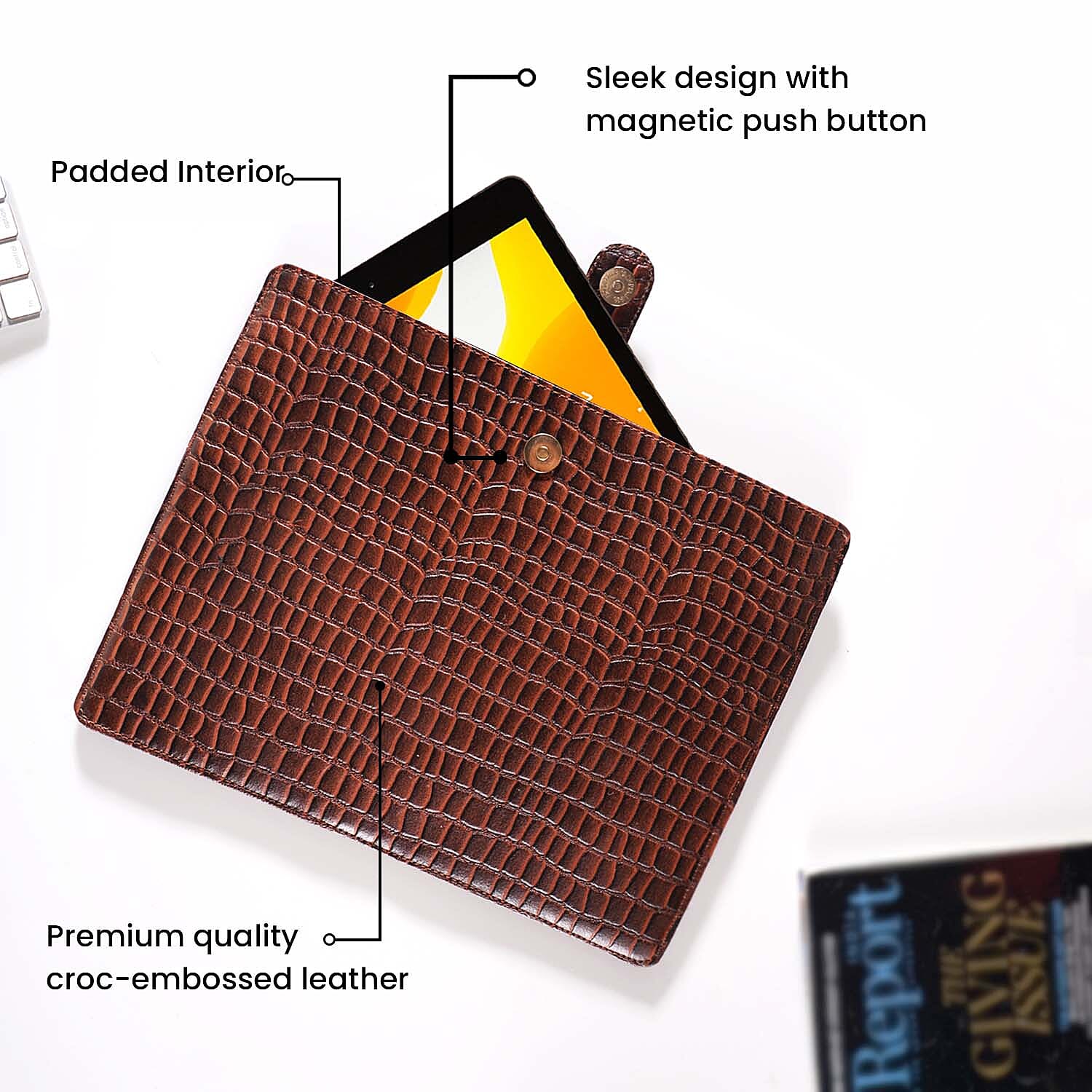 100% Genuine Leather Croc Embossed Pattern Tablet Sleeve with Magnetic Push Button (Size 31x24 Cm) - Dark Brown