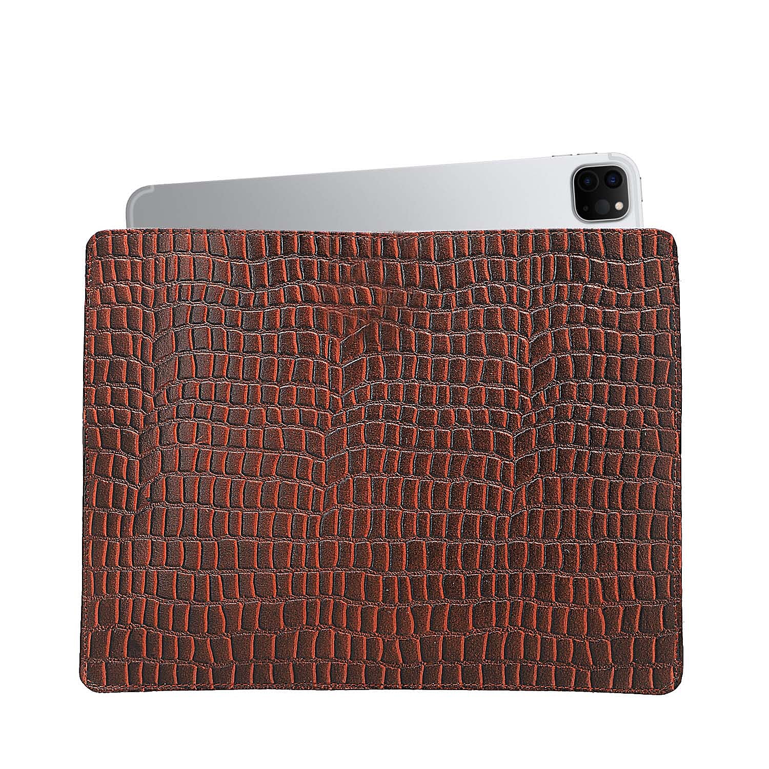 100% Genuine Leather Croc Embossed Pattern Tablet Sleeve with Magnetic Push Button (Size 31x24 Cm) - Dark Brown