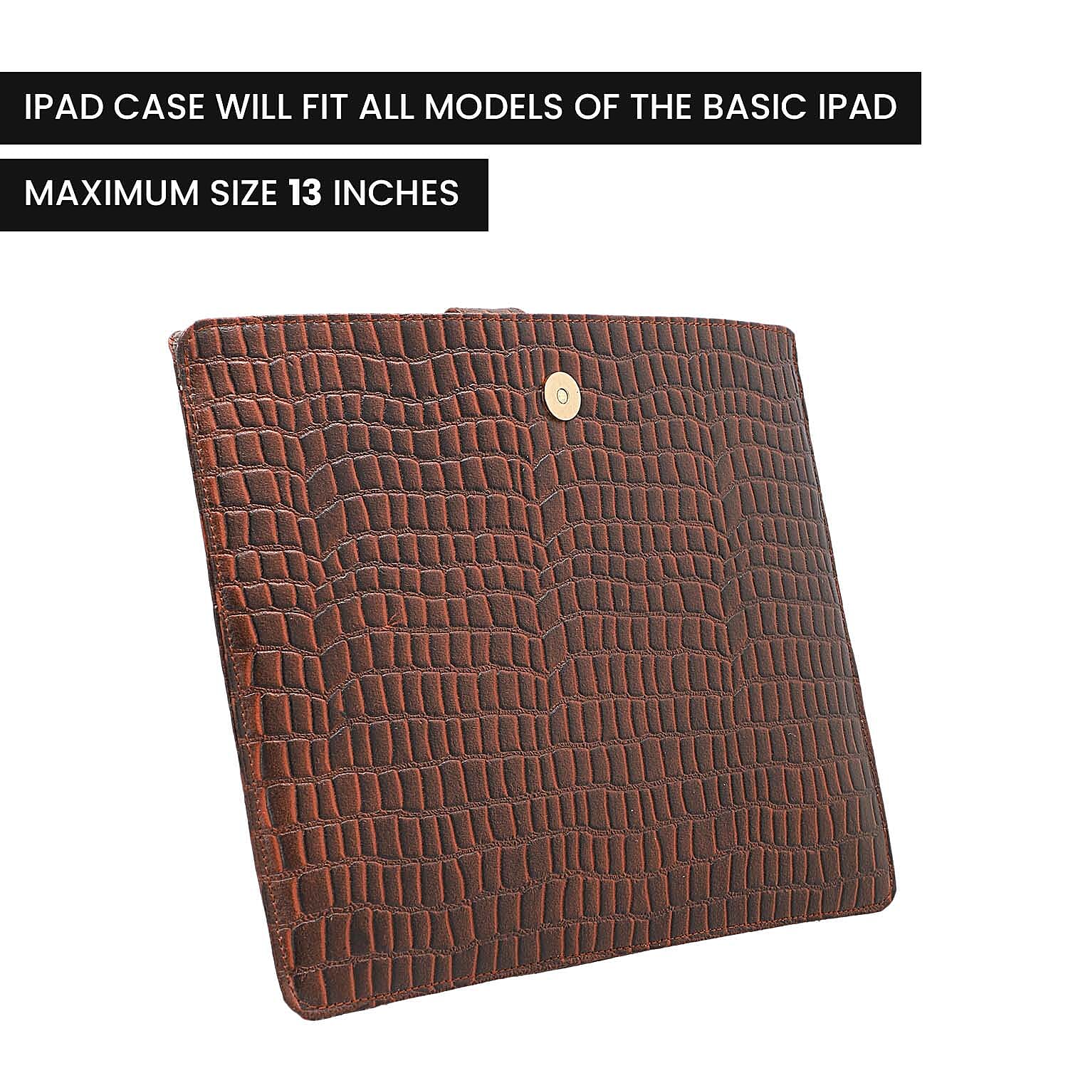 100% Genuine Leather Croc Embossed Pattern Tablet Sleeve with Magnetic Push Button (Size 31x24 Cm) - Dark Brown