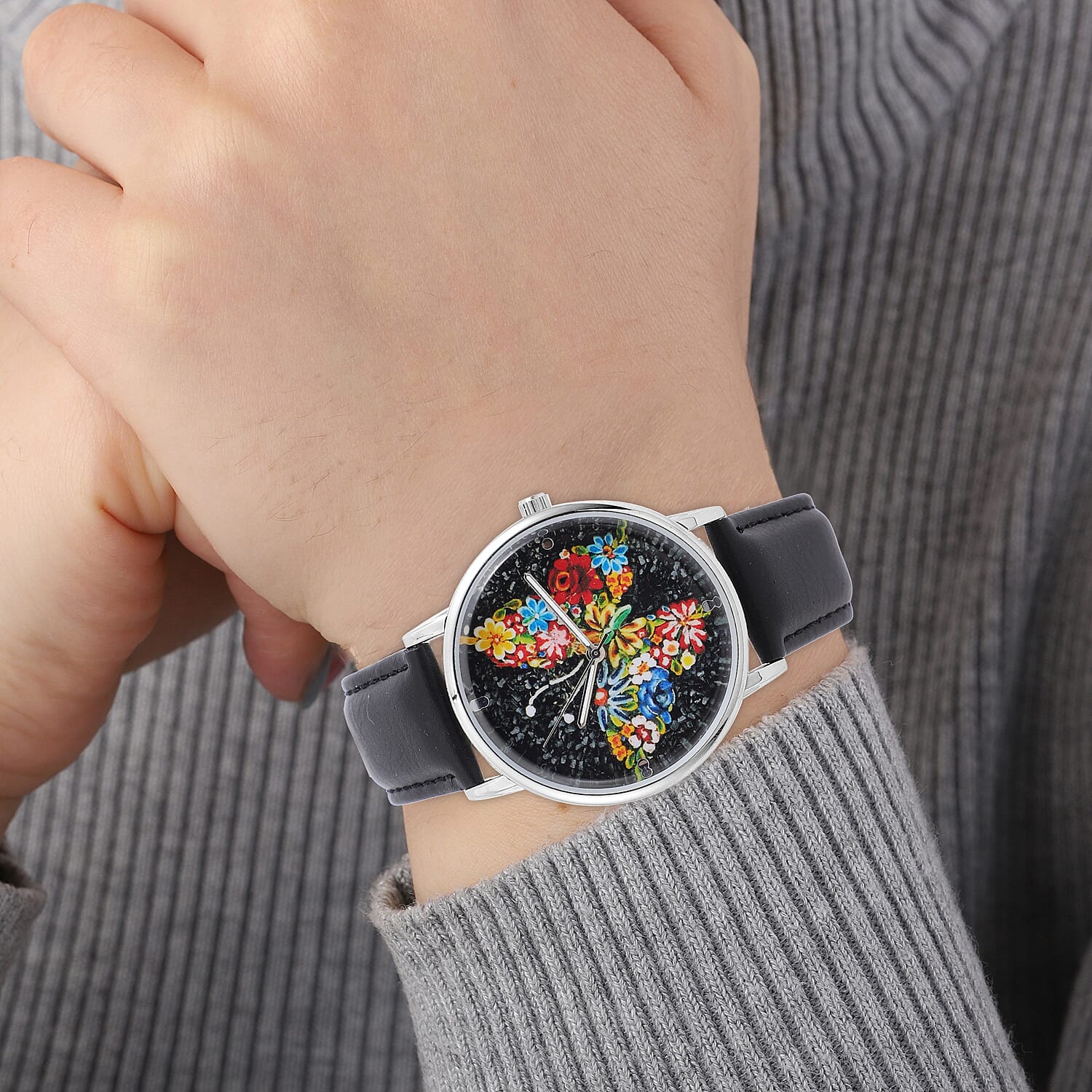 STRADA Japanese Movement 3D Butterfly Dial Water Resistant Watch with Black Colour Strap