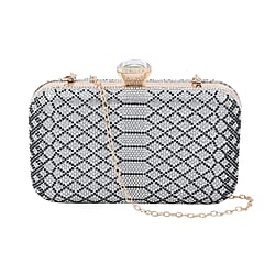 Snakeskin Pattern White Austrian Crystal Studded Clutch Bag with Long Chain Strap (Size 20x12x4 Cm) - Black & White