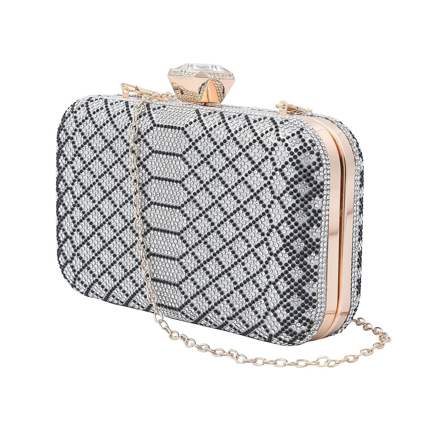 Snakeskin Pattern White Austrian Crystal Studded Clutch Bag with Long Chain Strap (Size 20x12x4 Cm) - Black & White