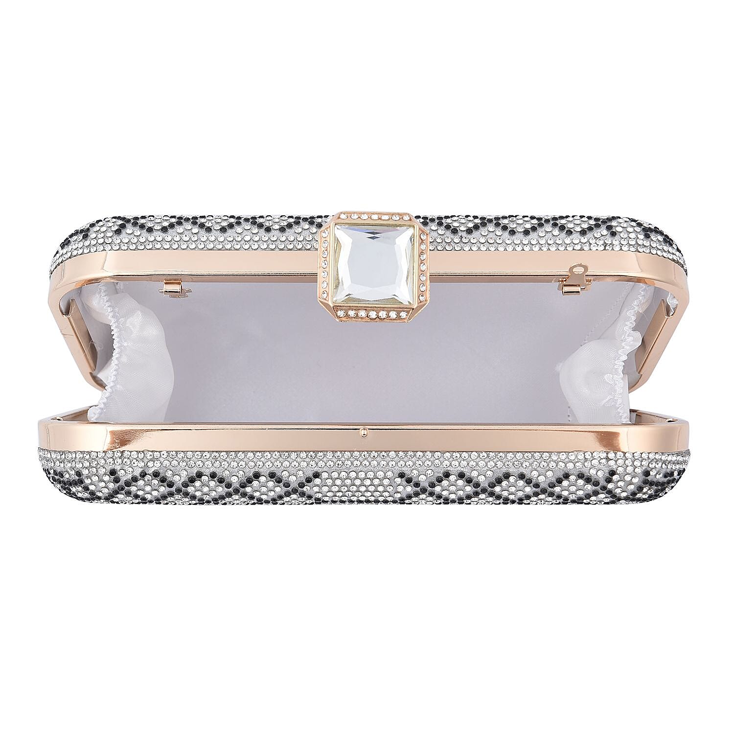 Snakeskin Pattern White Austrian Crystal Studded Clutch Bag with Long Chain Strap (Size 20x12x4 Cm) - Black & White
