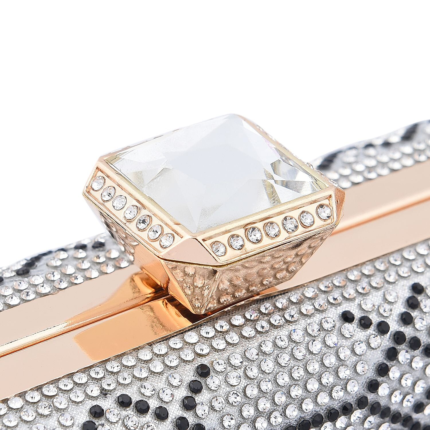 Snakeskin Pattern White Austrian Crystal Studded Clutch Bag with Long Chain Strap (Size 20x12x4 Cm) - Black & White