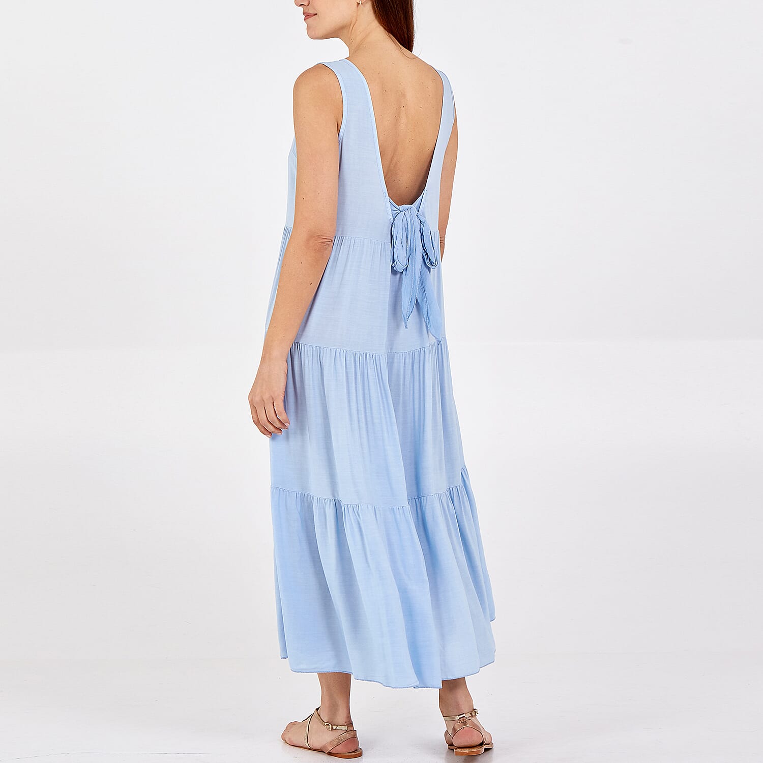 TAMSY 100% Viscose Open Back Midi Dress (Fits Size 8-20) - Pale Blue